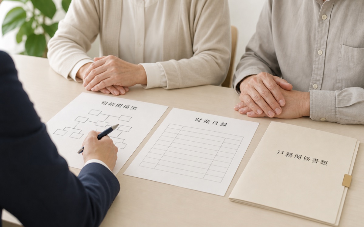 相続の相談で相続関係図と財産目録を前にする様子