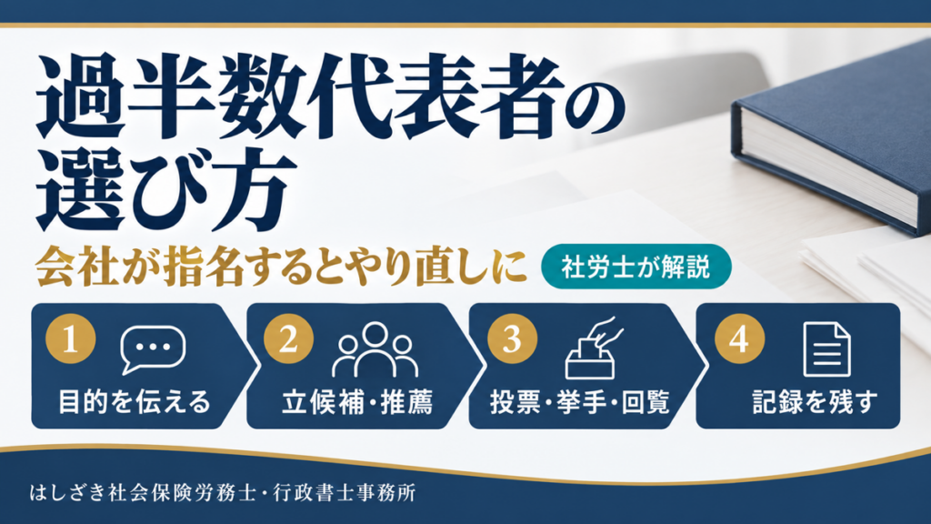 過半数代表者の選び方を、目的の周知、立候補・推薦、投票・挙手・回覧、記録の4ステップで示した図