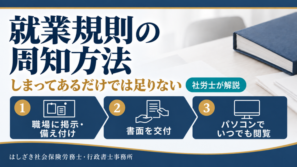 就業規則の周知方法として、職場への掲示・備え付け、書面の交付、パソコンでの閲覧を示した図解
